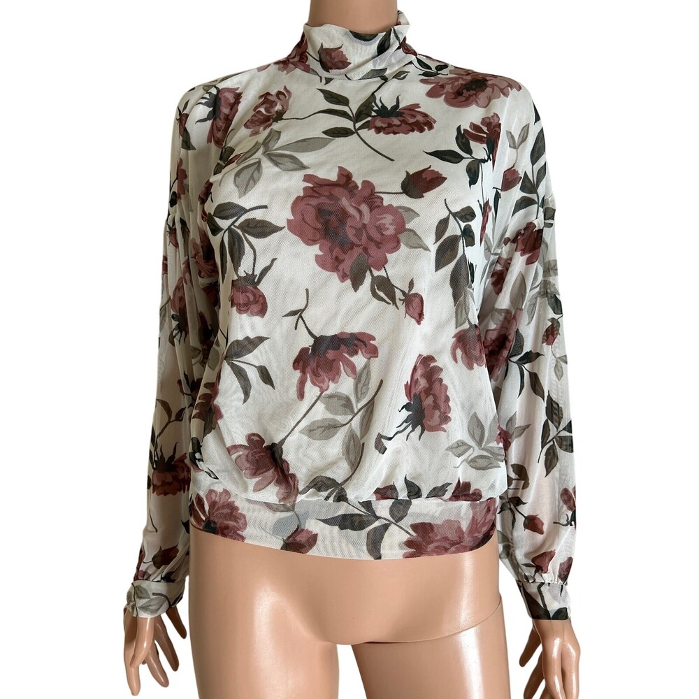 BUCKLE BLACK white & Floral Mesh Mock Neck Top semi sheer elastic hem SZ MD